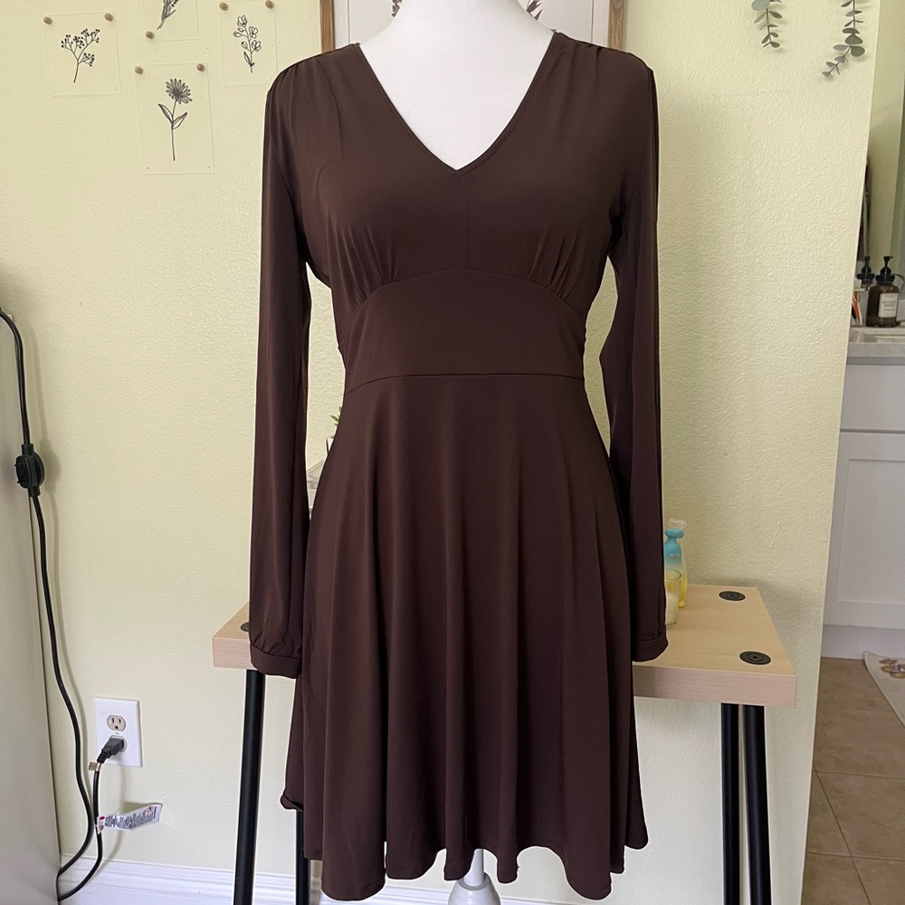Mango Basics Chocolate Brown V-neck Flare Long Sleeve Dress Y2K Style Minimalist